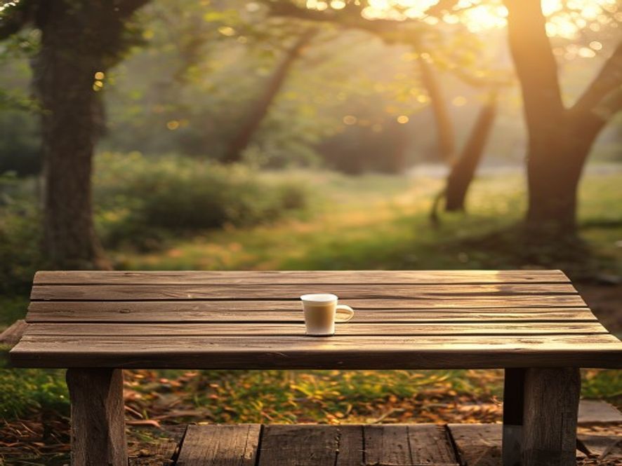 Ryhmä ihmisiä istumassa puiston penkillä auringonnousun jälkeen, kahvikupit käsissään, ystävälliset ilmeet